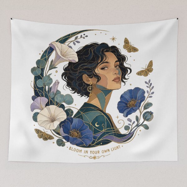 Item preview, Bloom in Your Own Light Mystical Woman Blue Floral Celestial Fantasy Art designed and sold by inkoutninja.