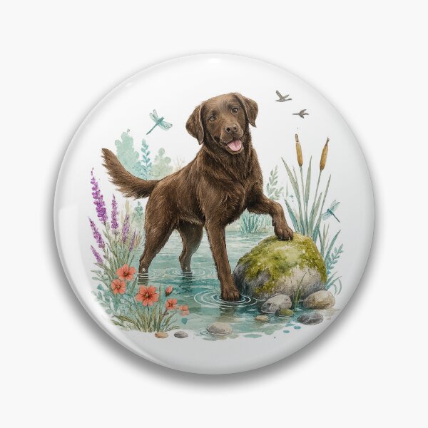 Item preview, Chocolate Labrador Retriever Riverside Adventure Watercolor Dog Wildlife Nature Art designed and sold by inkoutninja.