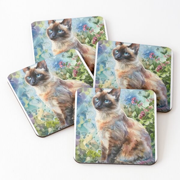 Item preview, Blue Eyed Siamese Cat – Watercolor Cat Portrait with Pink Flowers designed and sold by OrlandStark.