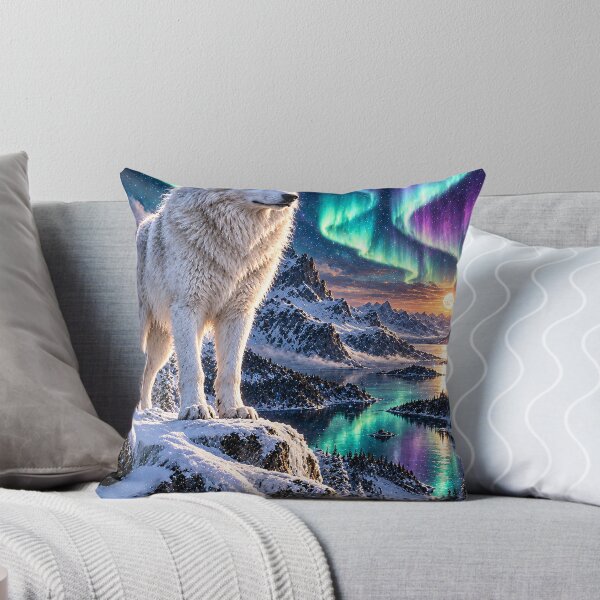 Item preview, Aurora Wolf Over Frozen Fjords – White Arctic Wolf Northern Lights Fantasy Art designed and sold by Bizzfora.