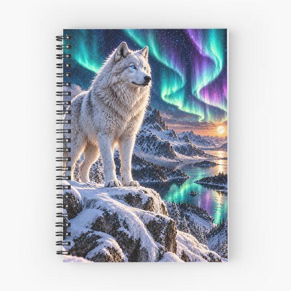 Artikelvorschau, Aurora-Wolf über gefrorenen Fjorden – Weißer Arktischer Wolf und Nordlichter – Fantasy-Kunst entworfen und verkauft von Bizzfora - Shrewdnia POD.