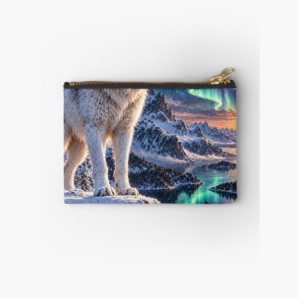 Aperçu de l'œuvre Loup aurore boréale au-dessus des fjords gelés – Loup arctique blanc, art fantastique des aurores boréales créée et vendue par Bizzfora - Shrewdnia POD.