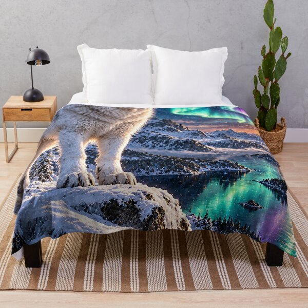 Item preview, Aurora Wolf Over Frozen Fjords – White Arctic Wolf Northern Lights Fantasy Art designed and sold by Bizzfora.