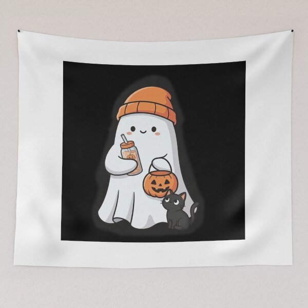Item preview, Cozy Little Ghost with Pumpkin Spice and a Black Cat designed and sold by Sakshiartwork.