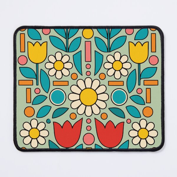 Item preview, Symmetrical Retro Floral Folk Art Pattern with Tulips and Daisies designed and sold by KungPowUnicorn.
