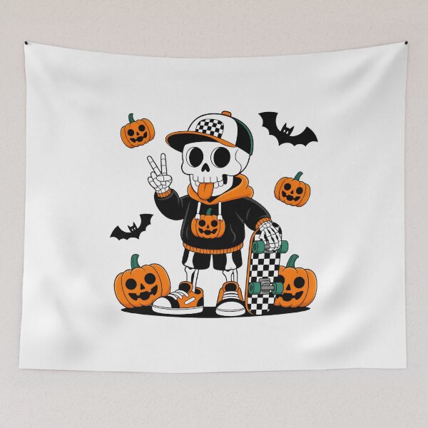 Item preview, Skeleton Skater Halloween Vibes Orange Black designed and sold by Dmo3HarkoArt.