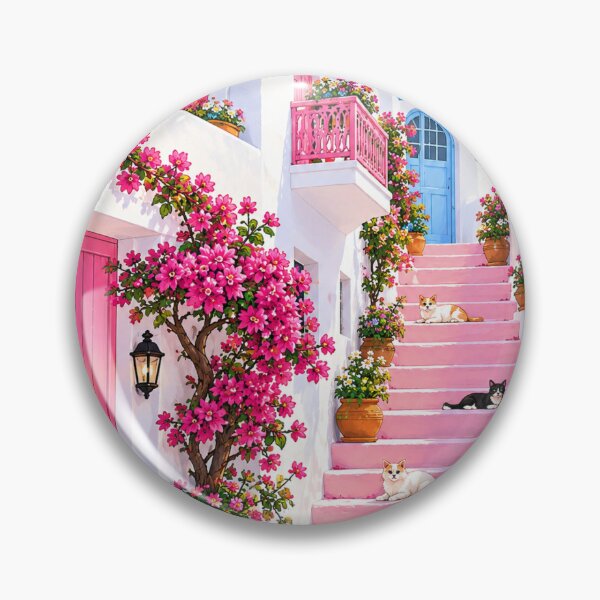 Item preview, Pink Bougainvillea Greek Island Alley With Cats designed and sold by aliyehc.