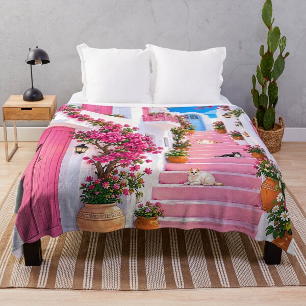 Item preview, Pink Bougainvillea Greek Island Alley With Cats designed and sold by aliyehc.