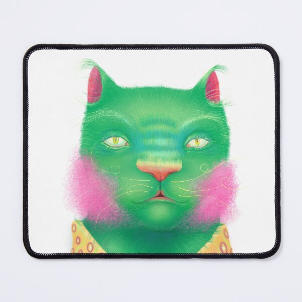 Item preview, Surreal Green Cat Portrait with Pink Cheeks in Yellow Pattern Shirt designed and sold by Vizerskaya.