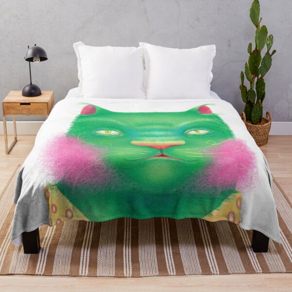 Item preview, Surreal Green Cat Portrait with Pink Cheeks in Yellow Pattern Shirt designed and sold by Vizerskaya.