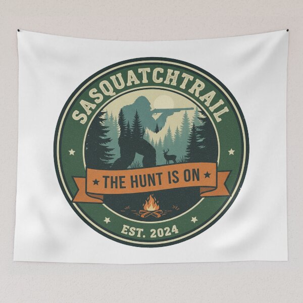 Item preview, Sasquatch Trail The Hunt Is On Vintage Bigfoot Hunting Badge Art designed and sold by SasquatchTrail.