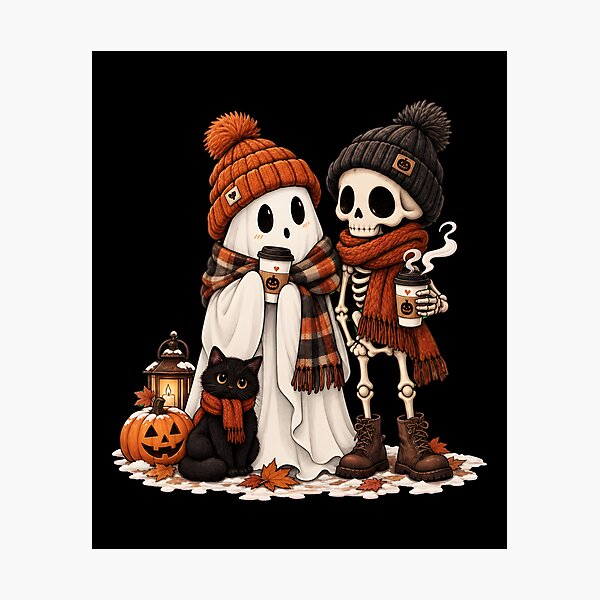 Item preview, Cute Ghost Skeleton Couple Cozy Autumn Coffee Art designed and sold by Dmo3HarkoArt.