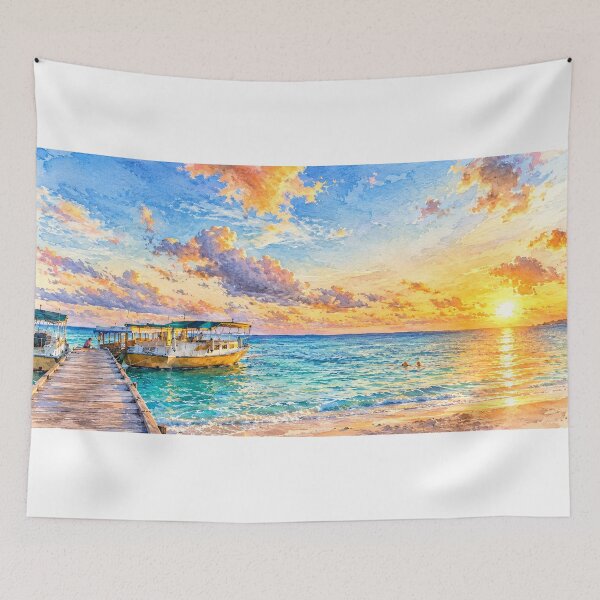 Item preview, Watercolour Sunset Harbour Pier  designed and sold by Looplk.