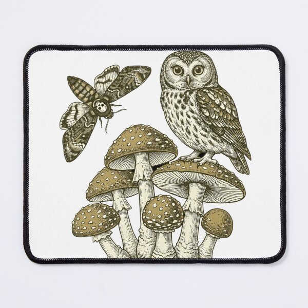 Item preview, Vintage Owl Death Head Moth and Mushrooms Engraving designed and sold by herocloth.
