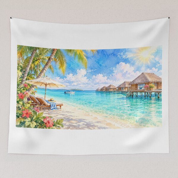 Item preview, Watercolour Paradise with Overwater Bungalows designed and sold by Looplk.