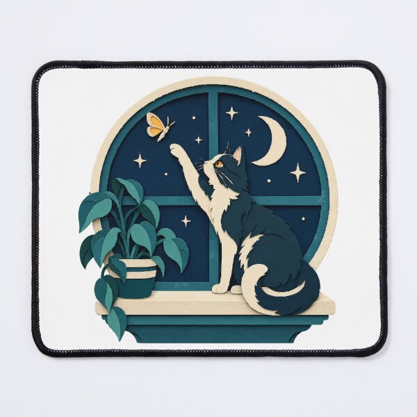 Item preview, Cat and Moth at Round Window Paper-Cut Night Scene designed and sold by ThreadQuirk.