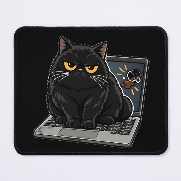 Item preview, Grumpy Black Cat Sitting On Laptop Work From Home Meme designed and sold by ValhallaHub.