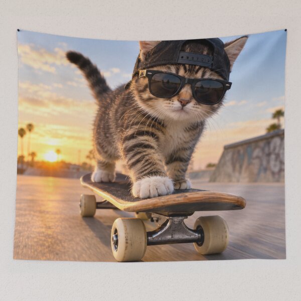 Item preview, Skater Cat Sunset Cool T-Shirt Design designed and sold by Vladimir1403.