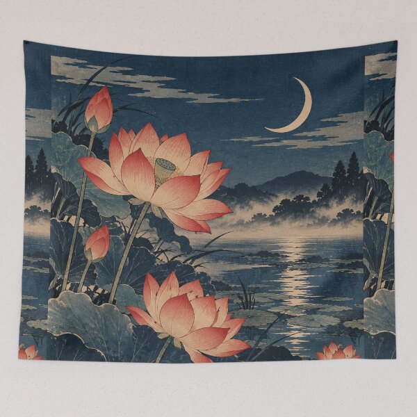Item preview, Japanese Lotus Flower - Crescent Moon Over Misty Lake designed and sold by bapupa.