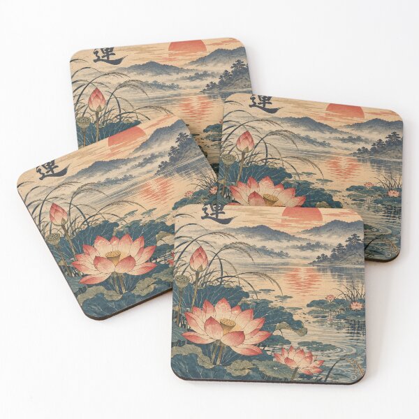 Item preview, Japanese Lotus Flower - Sunset Lake With Misty Mountains designed and sold by bapupa.