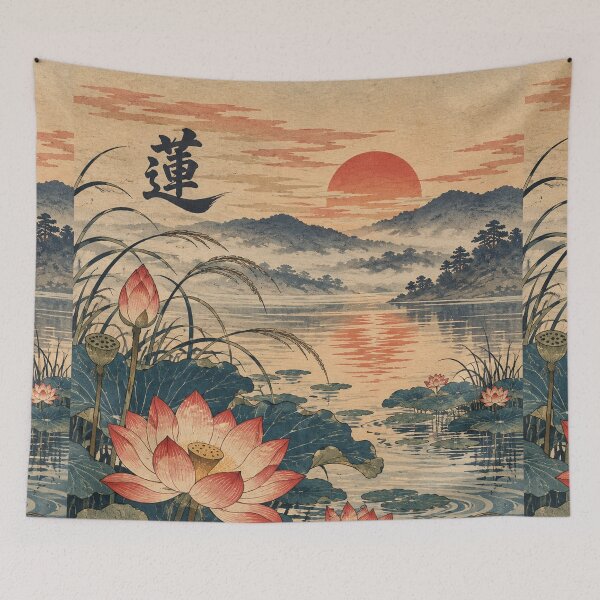 Item preview, Japanese Lotus Flower - Sunset Lake With Misty Mountains designed and sold by bapupa.