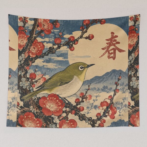 Item preview, Japanese Nature - White-Eye Bird on Plum Blossom Branch designed and sold by bapupa.