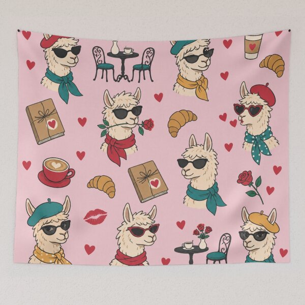 Item preview, Blind Date | Llamas in Berets and Sunglasses with Croissants, Coffee, Roses and Paris Cafe Hearts designed and sold by Furrenzy.