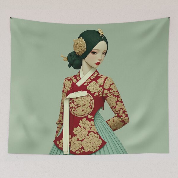 Item preview, Elegant Red and Gold Hanbok Woman Portrait designed and sold by colorful-white.