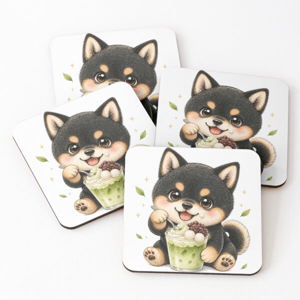 Item preview, Black and Tan Shiba Inu with a Matcha Latte and Red Bean designed and sold by Kawaii Matcha Studio.