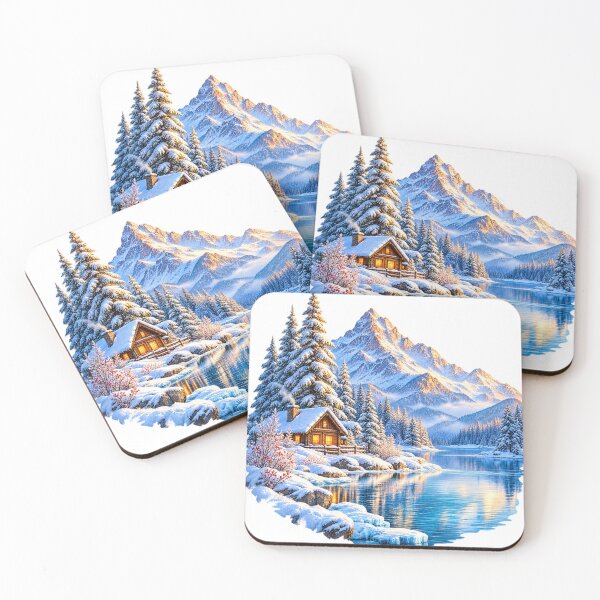 Item preview, Snowy Mountain Lake Cabin, Winter Landscape Art with Pine Trees and Golden Sunrise designed and sold by HoMya.