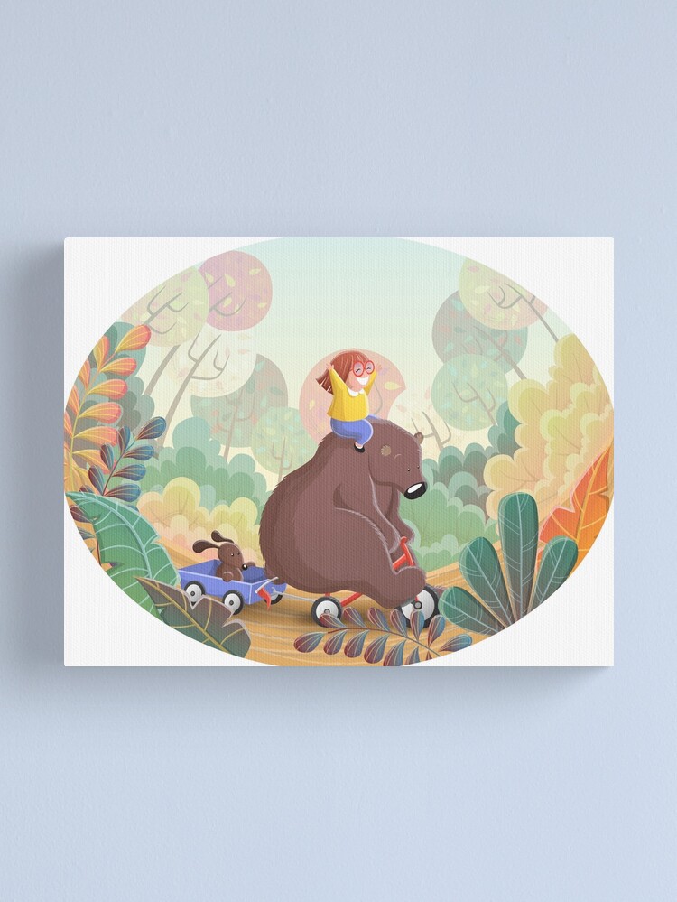 Alternate view of Cartoon bear on bike with little girl, children illustration Canvas Print
