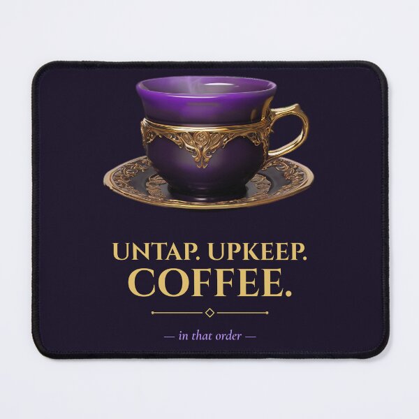 Item preview, Untap. Upkeep. Coffee. – Purple and Gold Teacup for Card Game Players designed and sold by Wyyder's Spellbook.