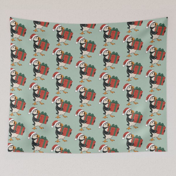 Item preview, Christmas Puffin Carrying Present in Santa Hat designed and sold by MavtM.