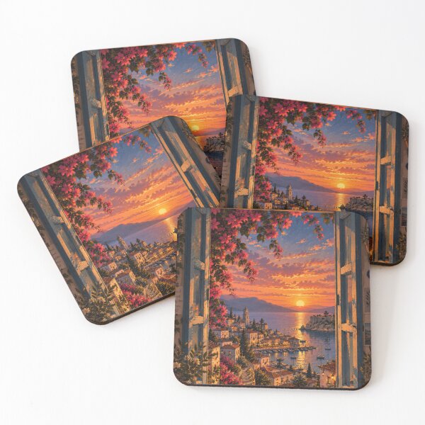 Item preview, Greek Island Sunset Through an Open Window – Mediterranean Coastal Village designed and sold by H-Tsvetkova.