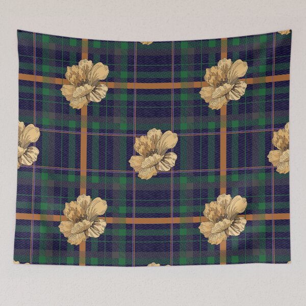 Item preview, Navy Tartan Plaid Pattern With Gold Flowers designed and sold by Jeffrey-Jeffrey.