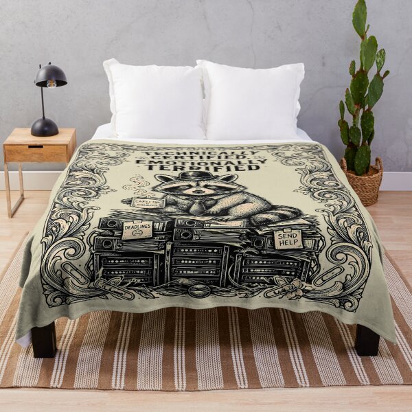 Item preview, Technically Certified, Emotionally Terrified – Raccoon Coffee and Office Chaos designed and sold by Art-Arcade6.