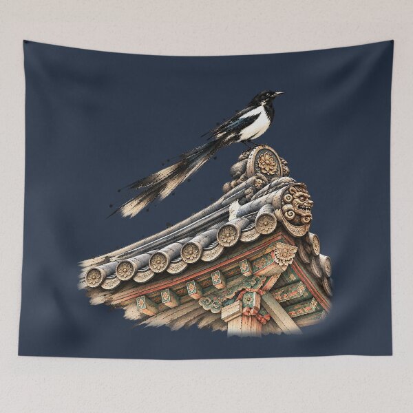 Item preview, Korean Magpie on Traditional Palace Roof – Korean Heritage Art, Oriental Ink Painting designed and sold by Windy-market.