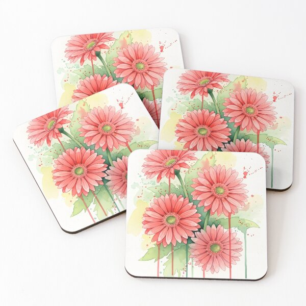 Item preview, Coral Gerbera Daisy Bunch on Green Watercolor designed and sold by VelloomStore.
