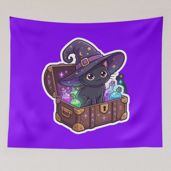 Item preview, Cute Witch Cat in Magic Chest with Potion Bottles  designed and sold by RobinaWorks.