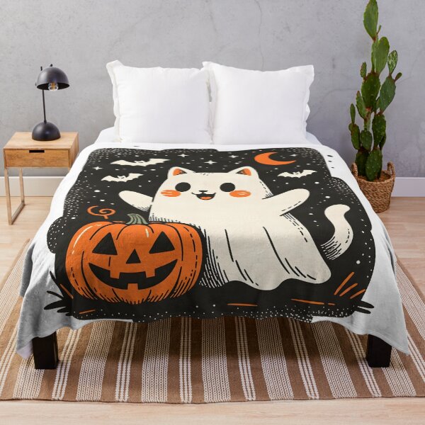 Item preview, A cozy Halloween with a ghost cat and a pumpkin designed and sold by floraaplus.
