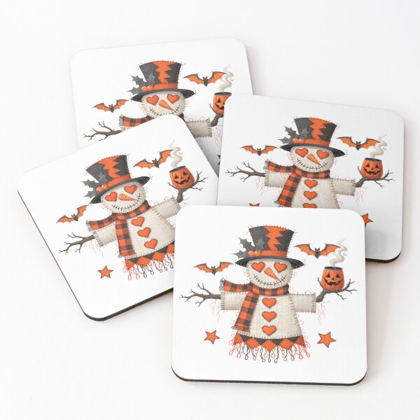 Item preview, Cute Halloween Patchwork Scarecrow Snowman with Pumpkin Lantern and Bats designed and sold by Snifferius.