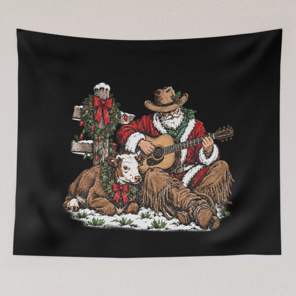 Item preview, Cowboy Santa Playing Guitar Beside Christmas Calf designed and sold by DaphoLatara.