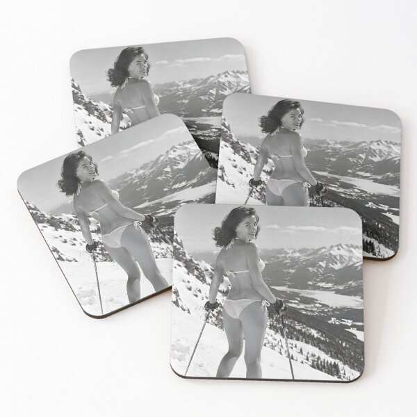 Item preview, Spring skiing apres ski aesthetic ski girl on the slopes in swimsuit retro black and white photograph designed and sold by Astrid Arkhangelsky.