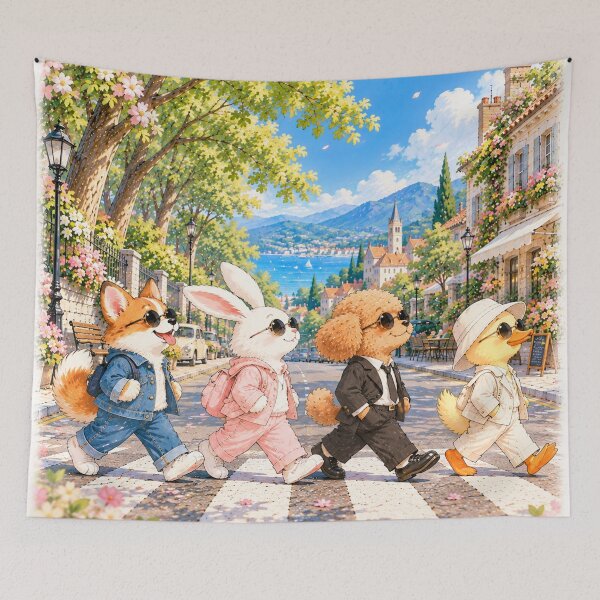 Item preview, Four Stylish Animal Friends Walking in a Mediterranean Village – Cute Summer Travel Illustration designed and sold by Windy-market.