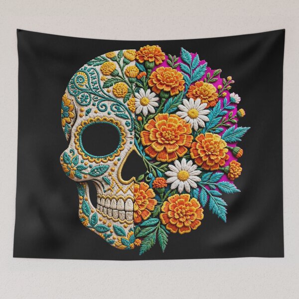 Item preview, Strigiformes Devotion Embroidered Calavera and Marigold Flora designed and sold by  One City Two Children Studio.