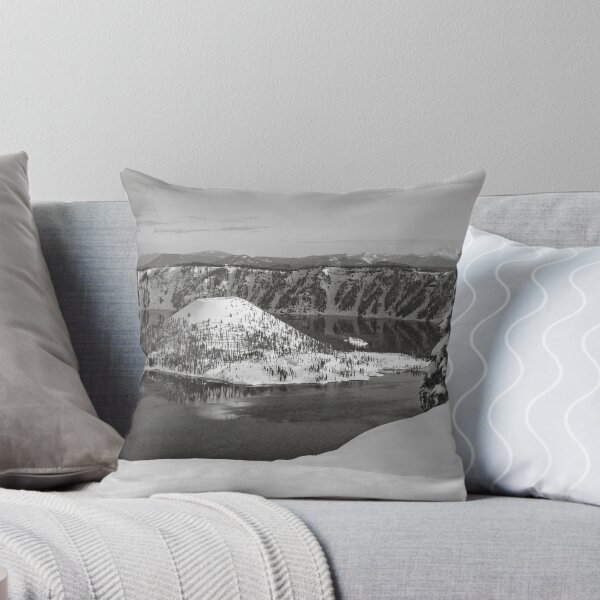 Item preview, A view of Wizard Island covered in snow, Crater Lake, Oregon alpine mountain black and white photograph designed and sold by Astrid Arkhangelsky.
