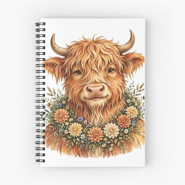 Aperçu de l'œuvre Vache des Highlands avec couronne de fleurs - Aquarelle d'un adorable animal de ferme créée et vendue par LifebyDesigning.