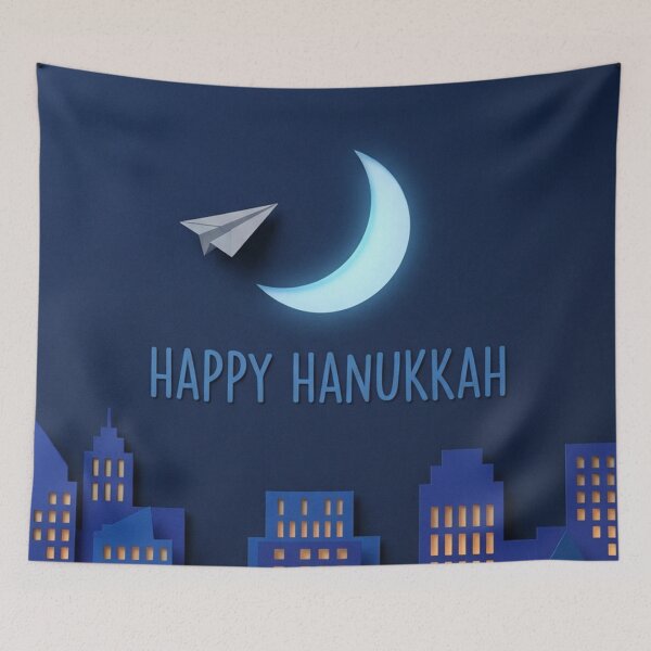 Item preview, Happy Hanukkah Paper-Cut City Skyline – Layered Blue Night with a Paper Airplane designed and sold by EMaviation_.