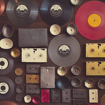 Vintage wall with vinyl records and audio cassettes hung. Poster for Sale  by Pino 'Delfino' Esposito