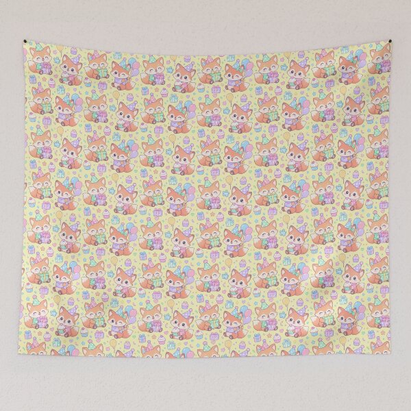 Item preview, Kawaii Birthday Baby Foxes Pastel Cute Fox Party Pattern designed and sold by Soft Berry Studio.